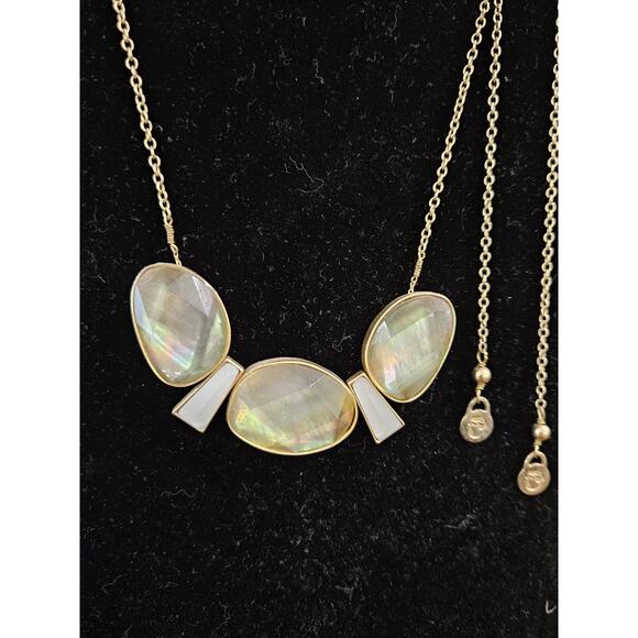 SPARTINA Gold Tone Slide Necklace Shell Pendants Abalone Lucite Satin Finish Adj - Picture 2 of 6